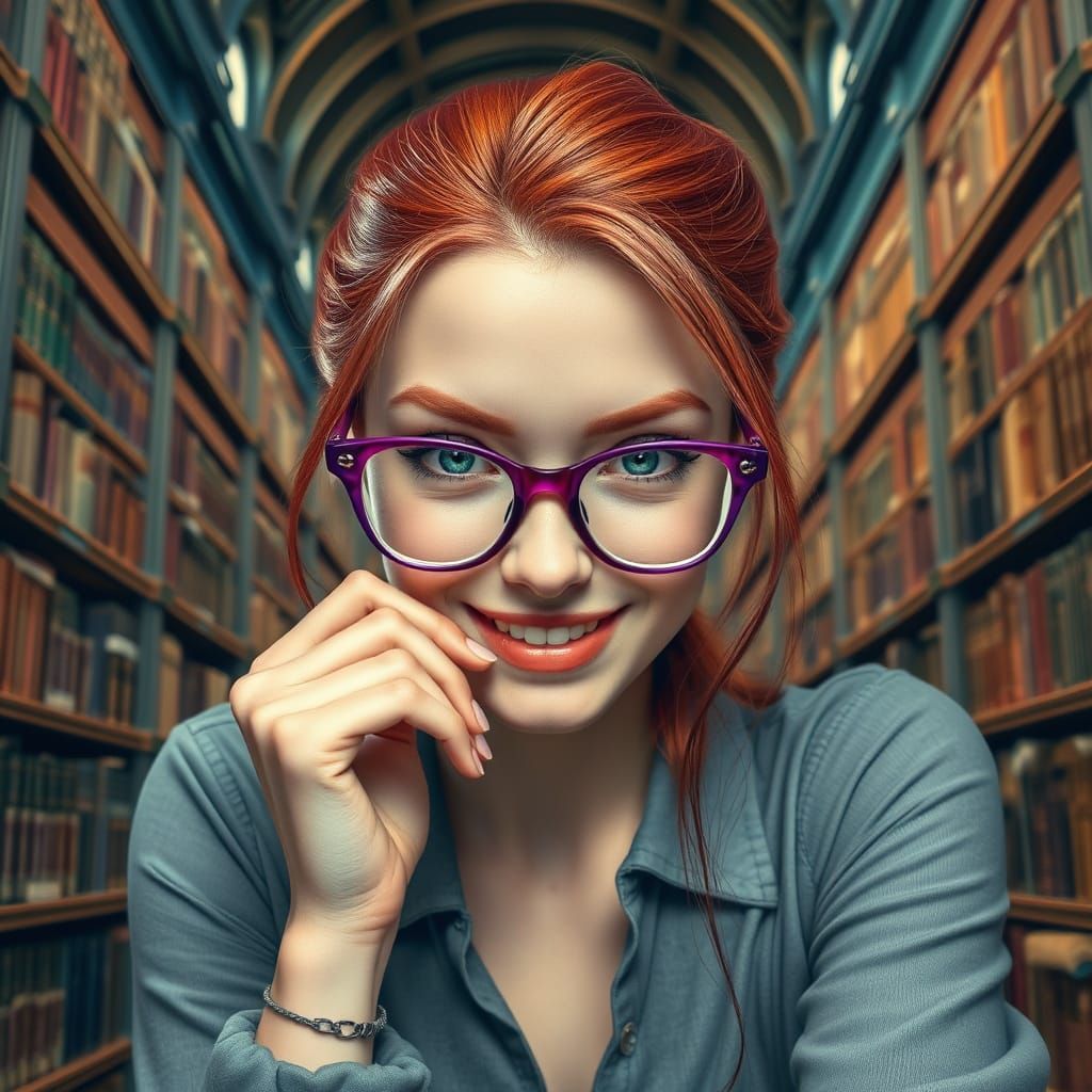Red-Haired Student in a Grand Library