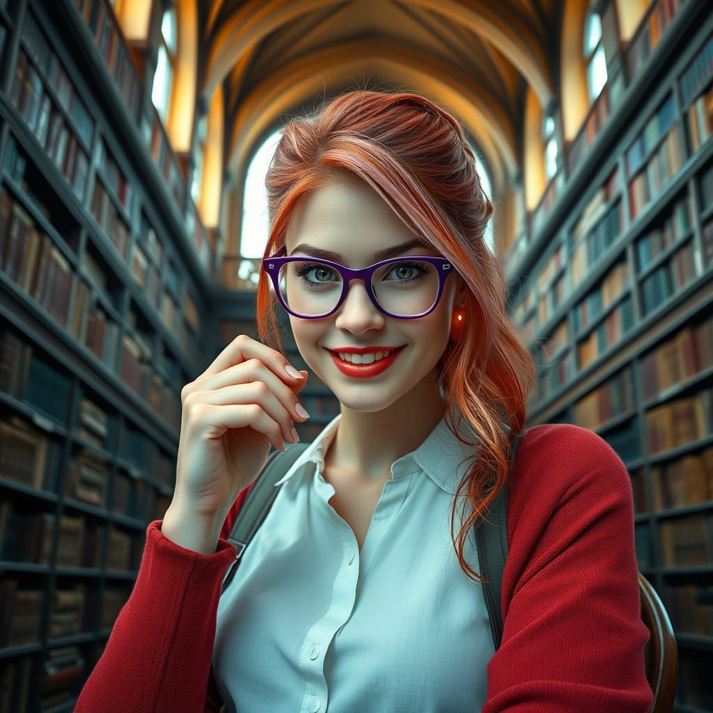 Red-Haired Student in Grand Library, Detailed Matte Painting