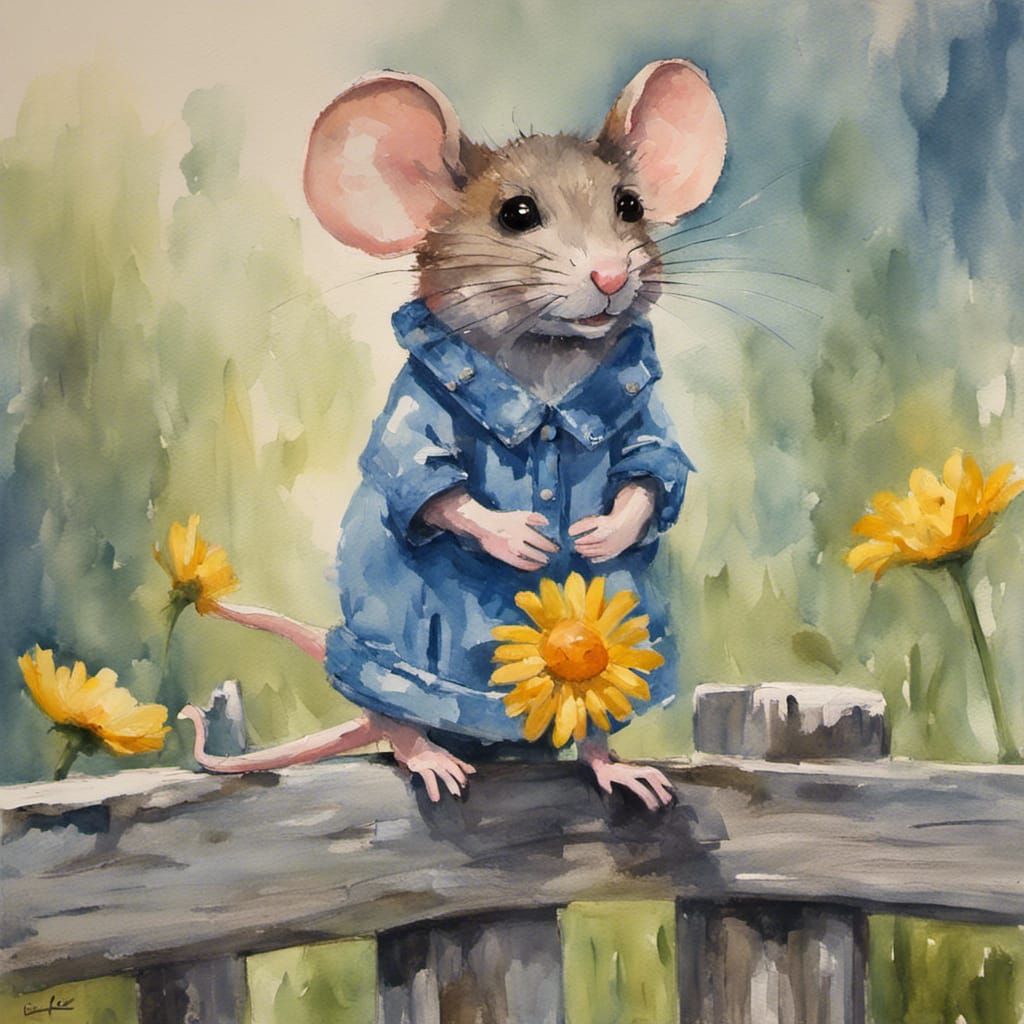 Mouse in Blue Dress: Gouache Style Masterpiece