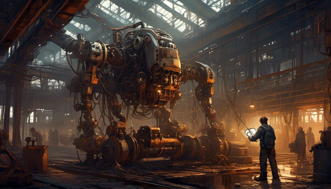 Industrial Worker in Dimly Lit Factory