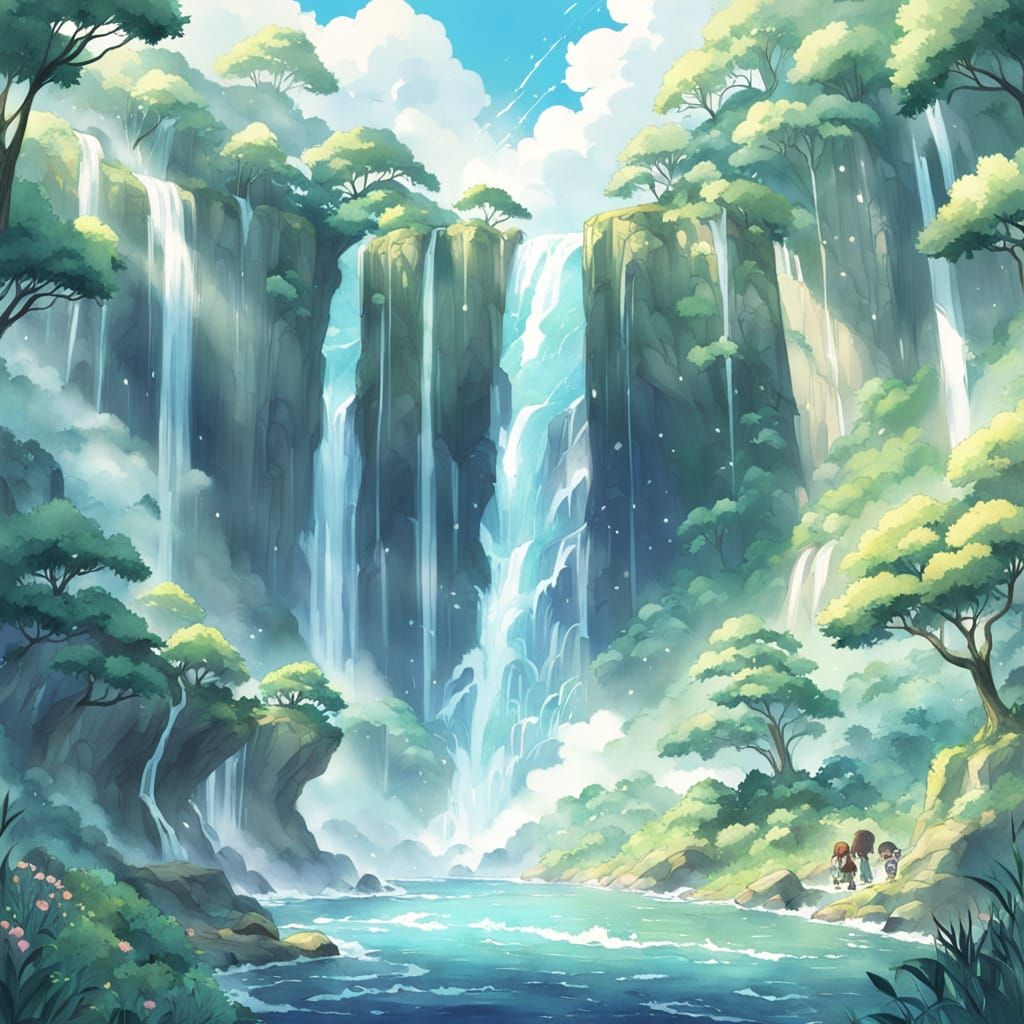 Ethereal Waterfall in Dreamlike Japanese Anime Style