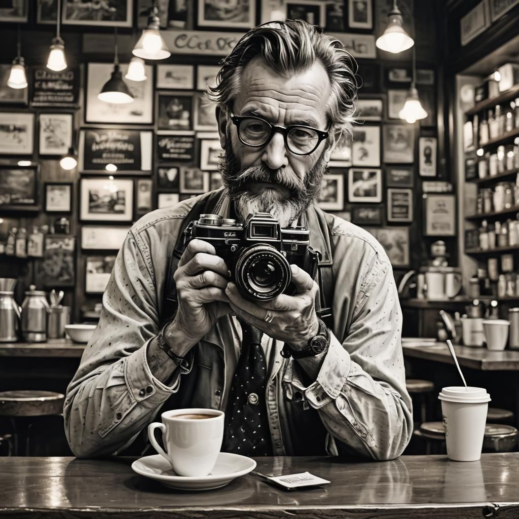 Vintage Photographer in Coffee Shop, Black and White Portrai...