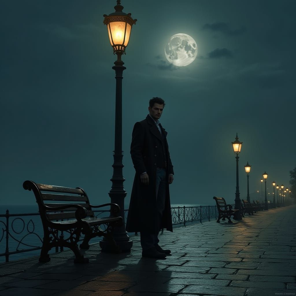Russian Man at Harbor in Dark Romanticism Style