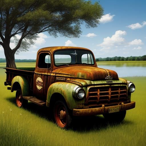Rusty Steampunk Pickup Truck in Sunny Field