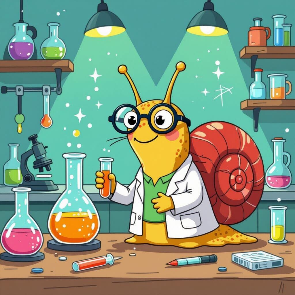 Cartoon Snail Scientist in Colorful Lab