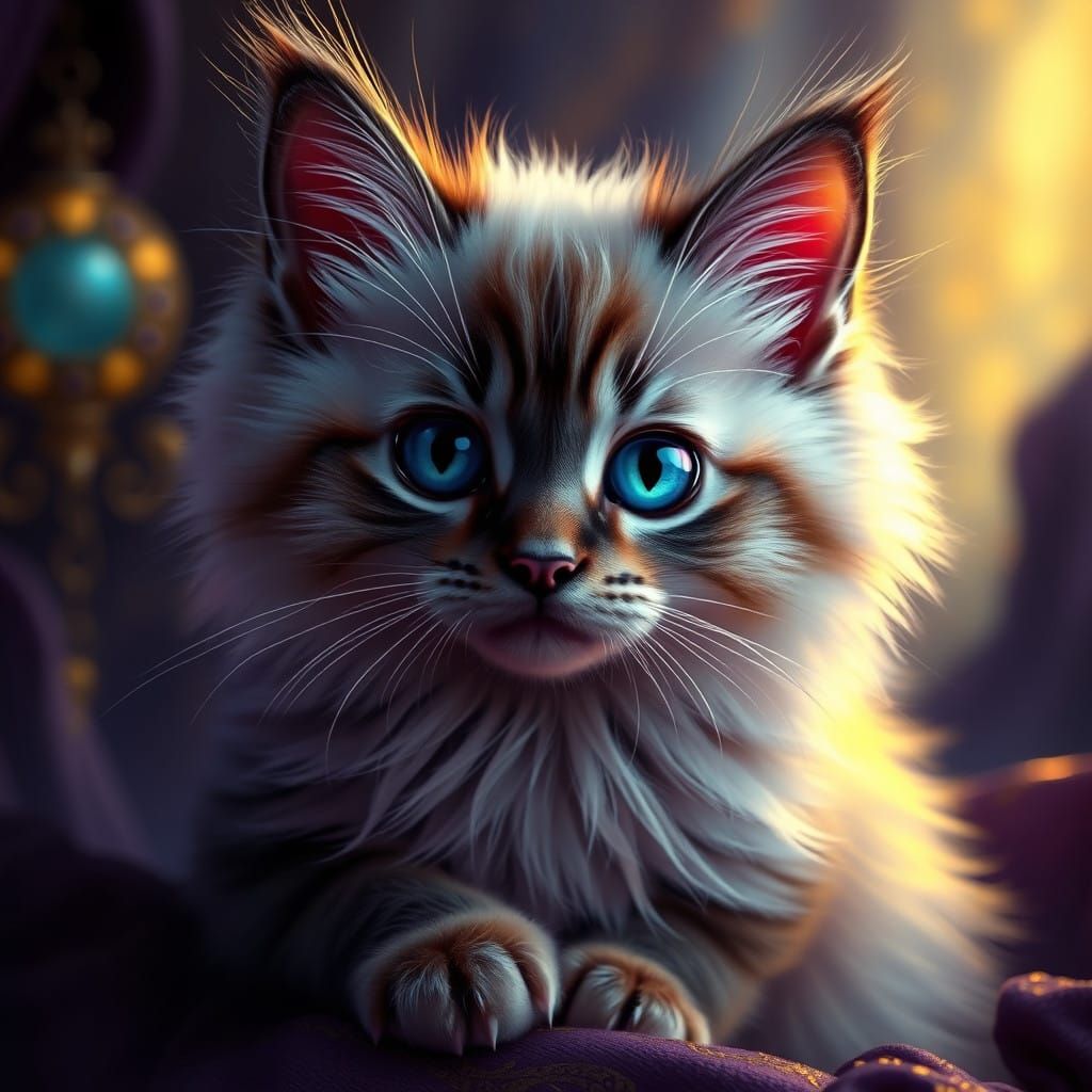 Surreal Blue-Eyed Feline in Art Nouveau-Inspired Fantasy Sce...