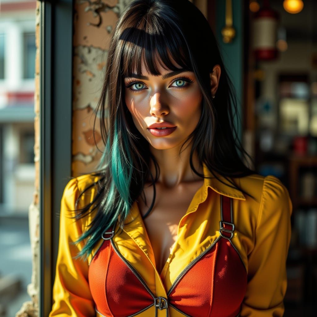 Vibrant Full Body Portrait of Tricia Helfer in 70s Style