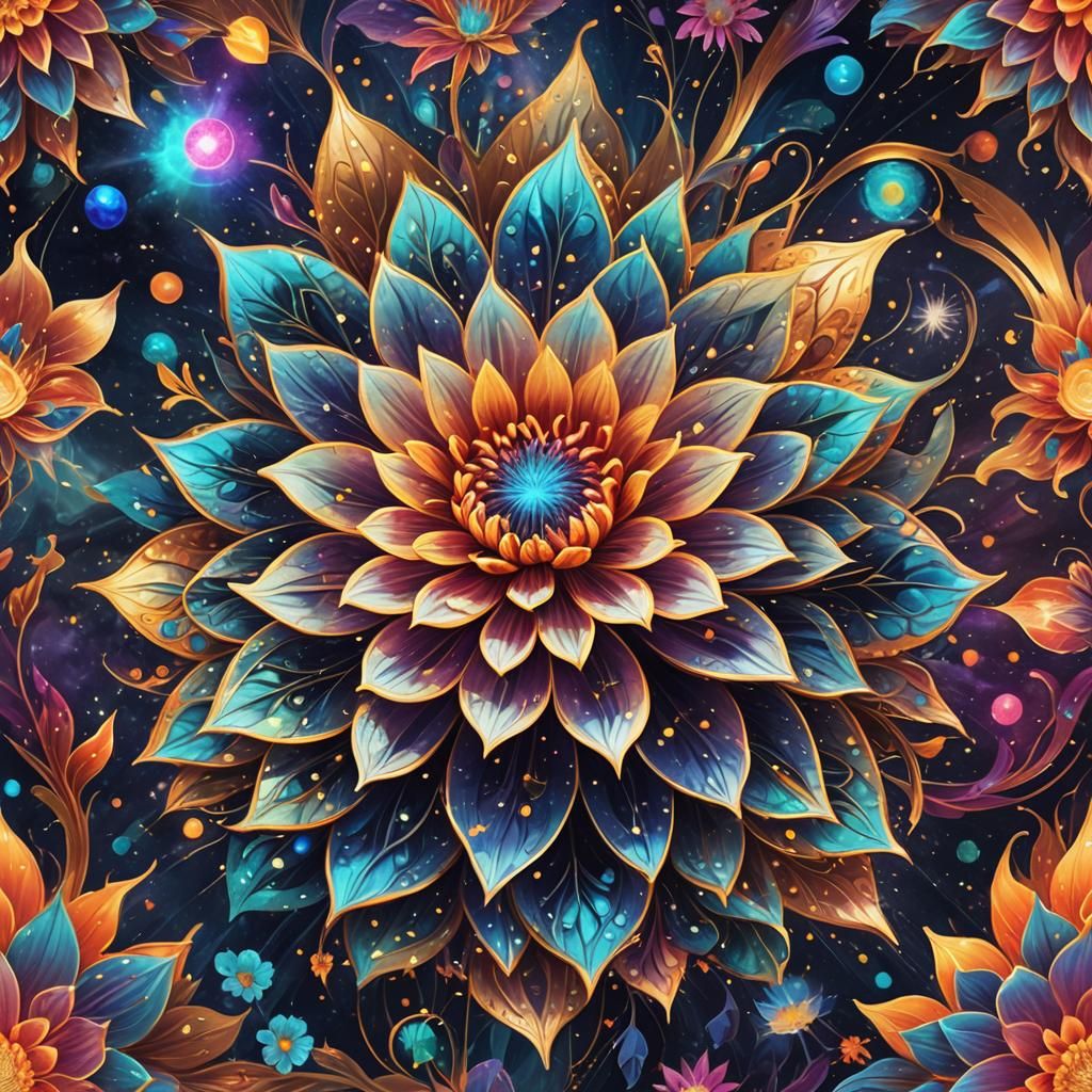 Magical Cosmic Flower in Holographic Illustration