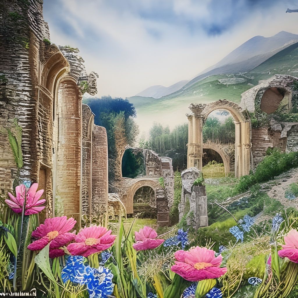 Medieval Ruins Watercolour Painting with Wildflowers