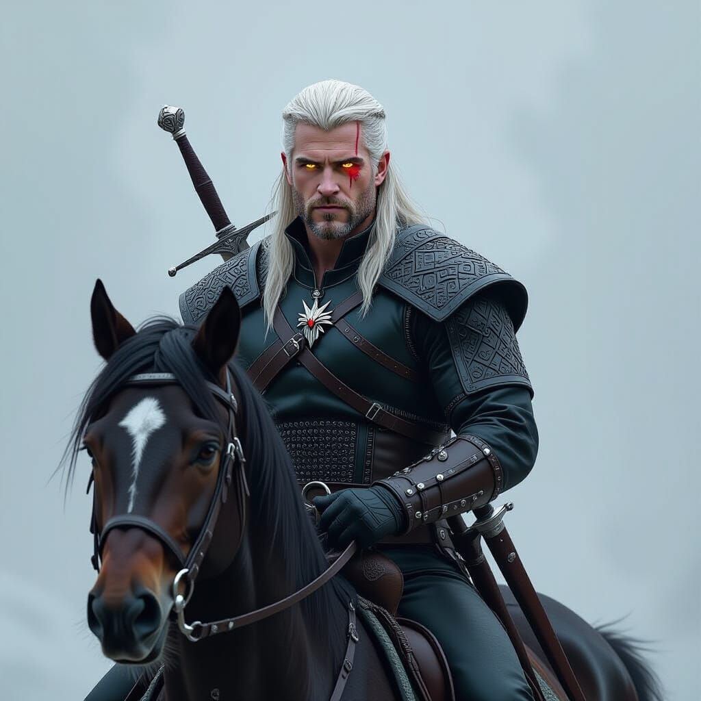 Geralt on Roach in Dark Fantasy Style
