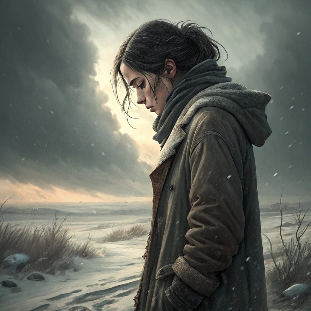 Melancholic Woman in Desolate Winter Landscape