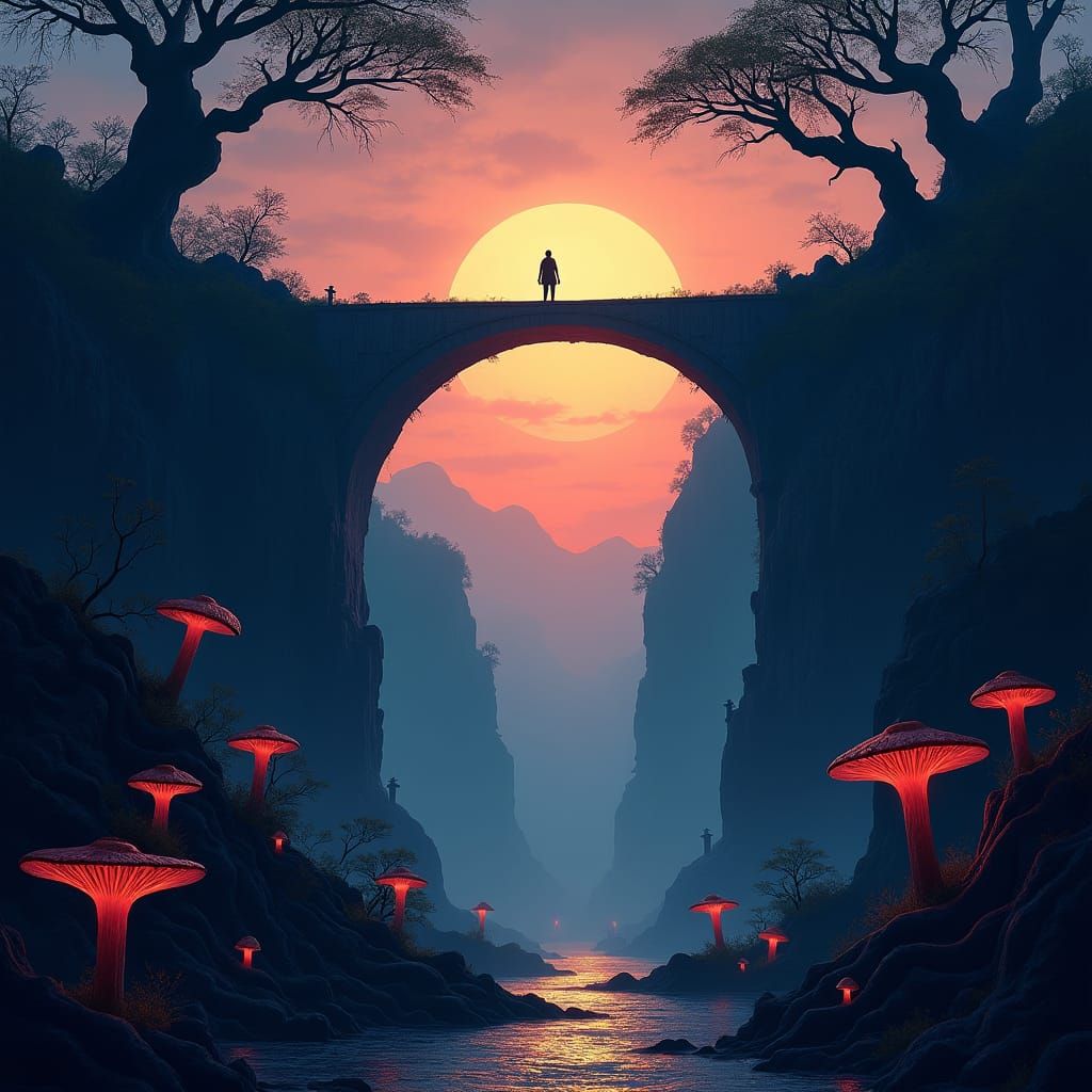 Mystical Bridge at Sunset: Fantasy Matte Painting