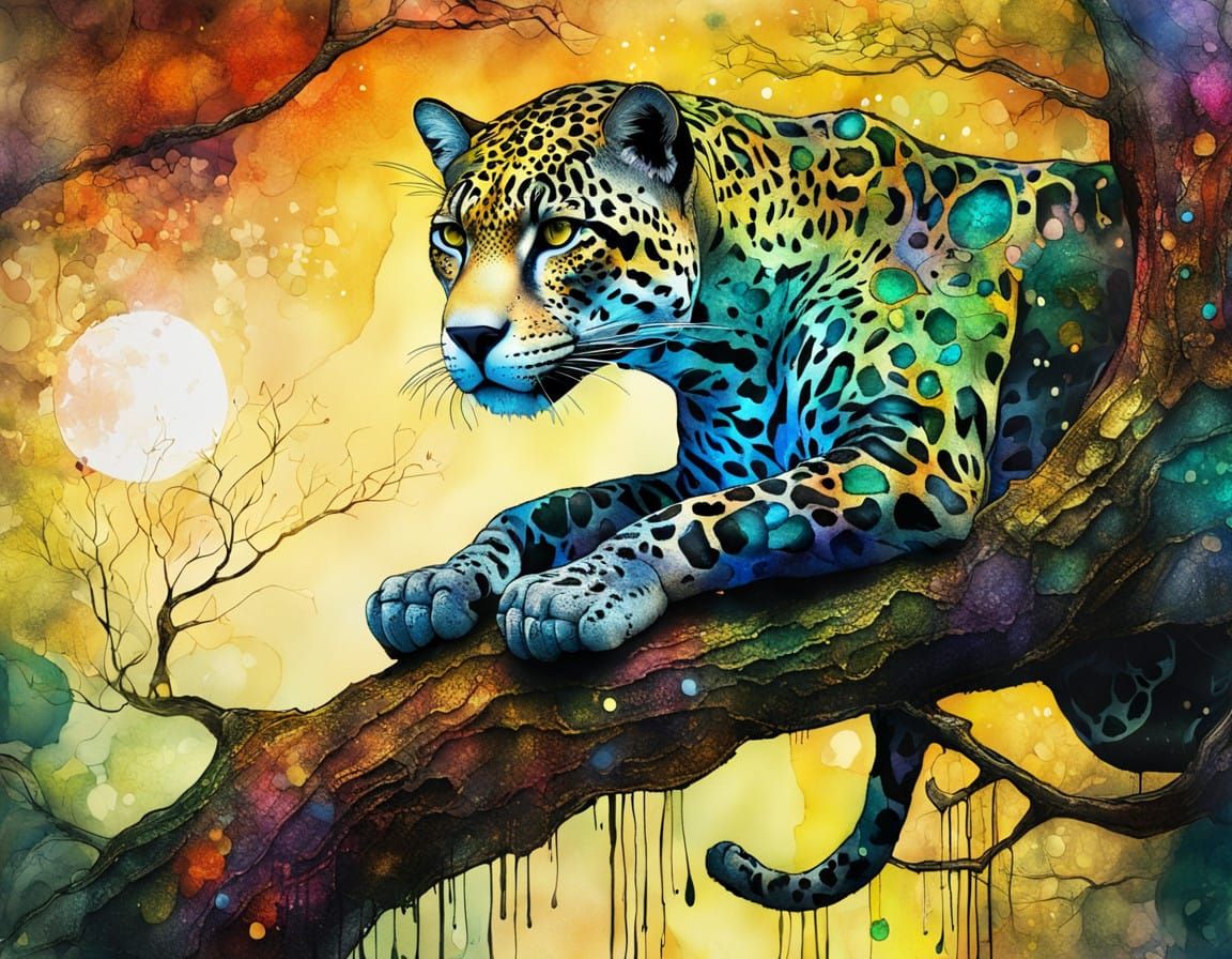 Ethereal Jaguar Silhouetted in a Midnight Tree