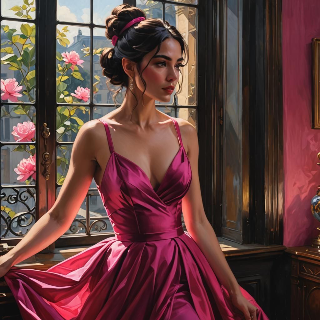 Girl in Pink Gown with Sunlight, Anime Style
