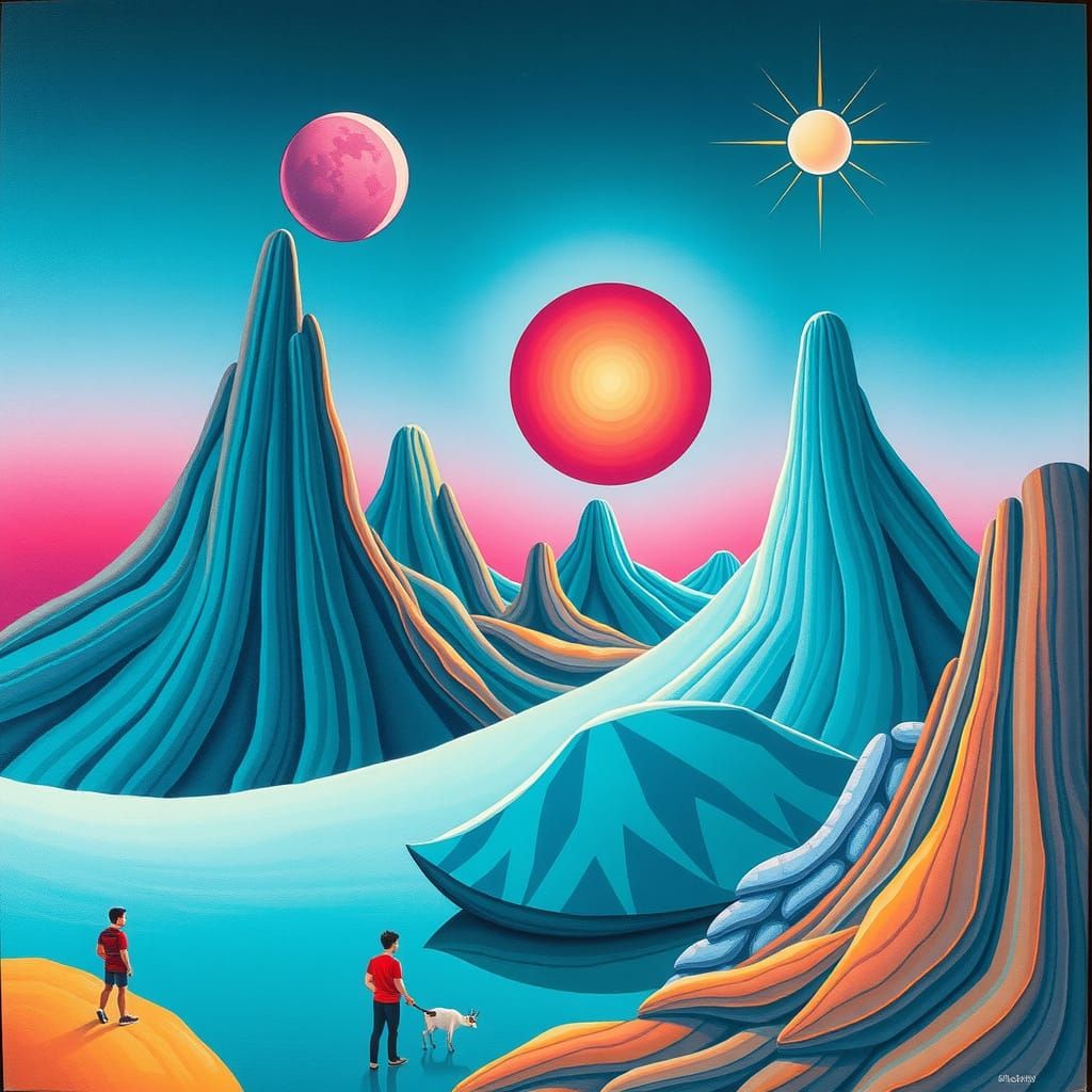 Surreal Teal Ochre Landscape with Geometric Forms