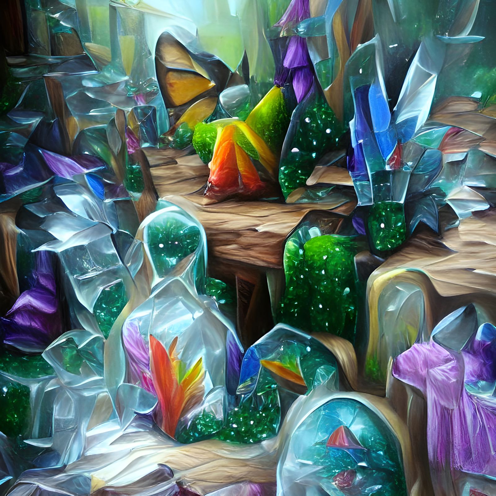 Iridescent Crystal Forest in Naive Painting Style