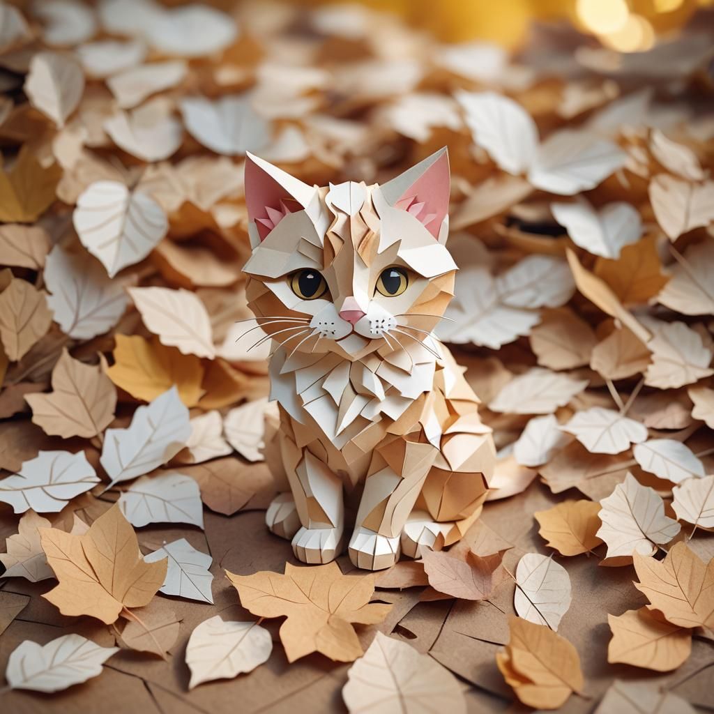Papercraft Kitten in Cozy Autumn Scene