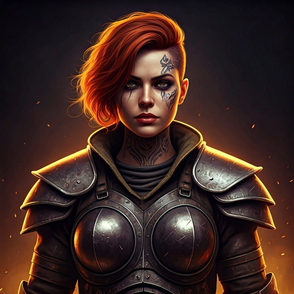 Heroic Female Pilot in Leather Armour, Dark Fantasy Backdrop