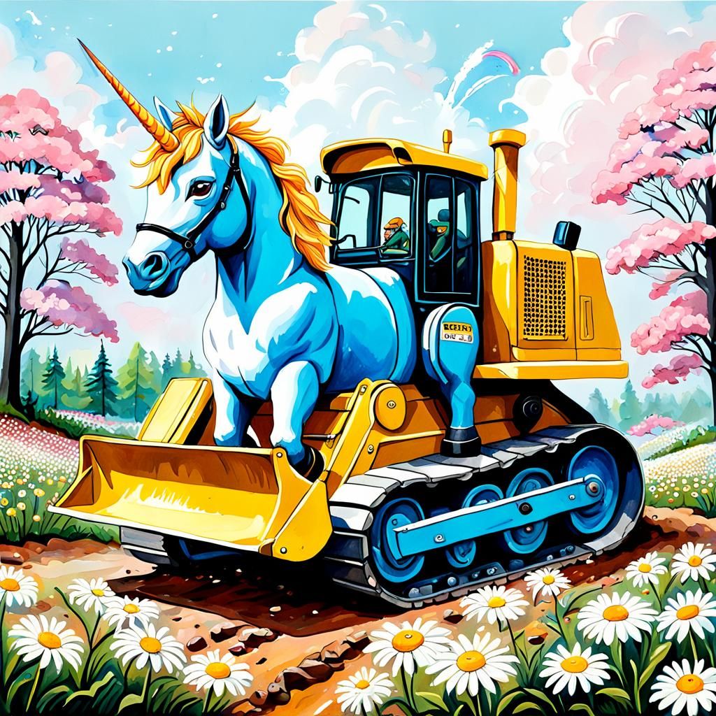 Unicorn Bulldozer Daisies: Detailed Gouache Painting