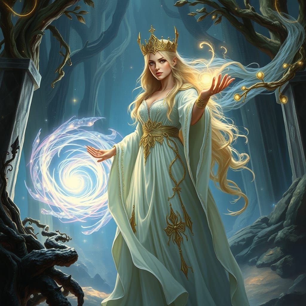 Altmer Sorceress in Crystal Forest, High Fantasy Art