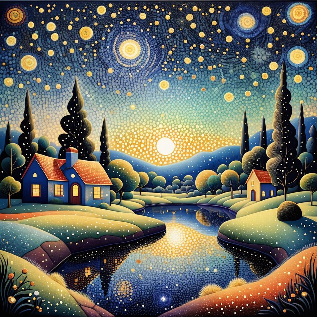 Starry Night Landscape in Pointillist Style