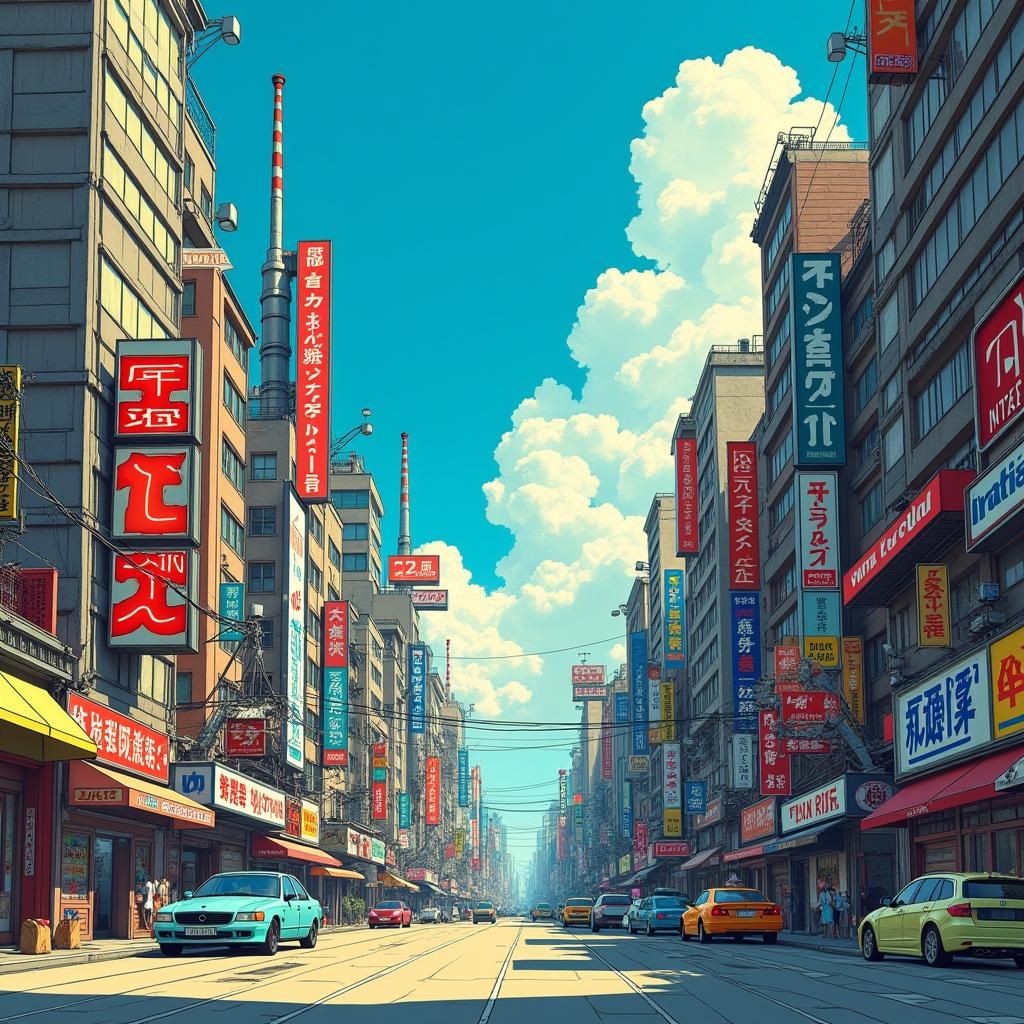 Dynamic Metropolis in 90's Japanese Manga Style