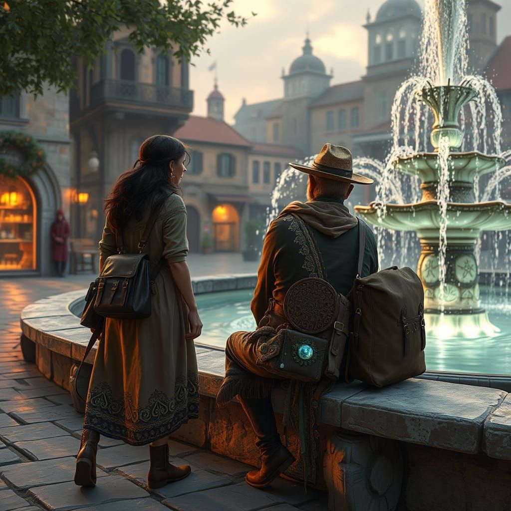 Aria Encounters a Mysterious Traveler near the Grand Fountai...