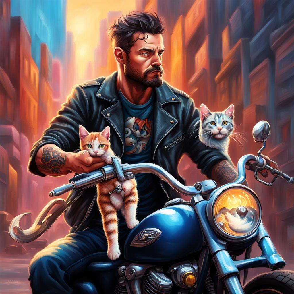 Biker with Kitten Tattoo: Hyperrealistic Splash Art