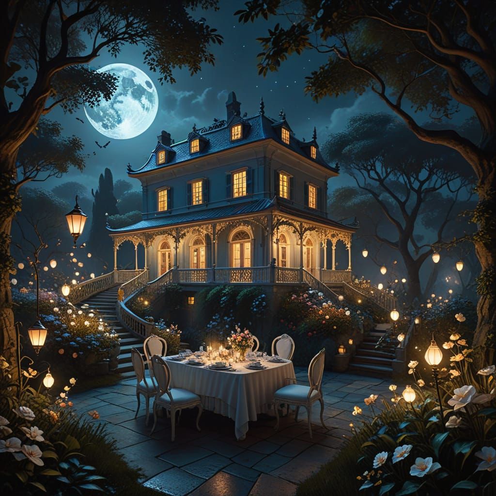 Whimsical Nighttime Tea Party in a Surreal English Garden