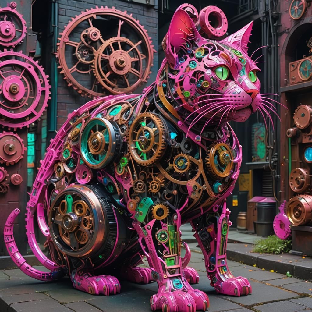 Neon Clockwork Cat Pursues Mechanical Mouse