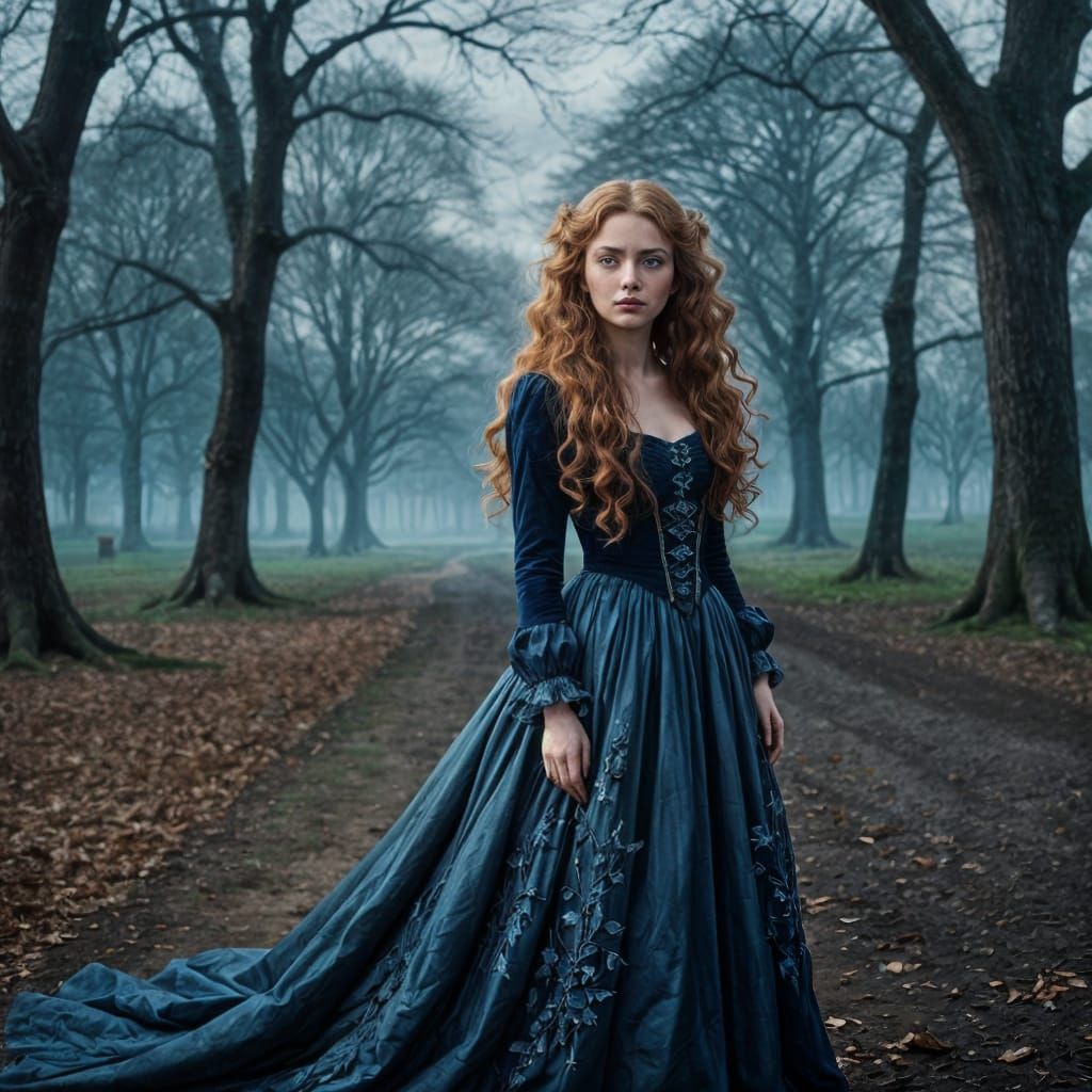 Beautiful Woman with Red Hair in Ghostly Park