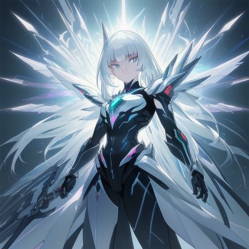 Cybernetic Goddess in Chrome Armor with Radiant Wings