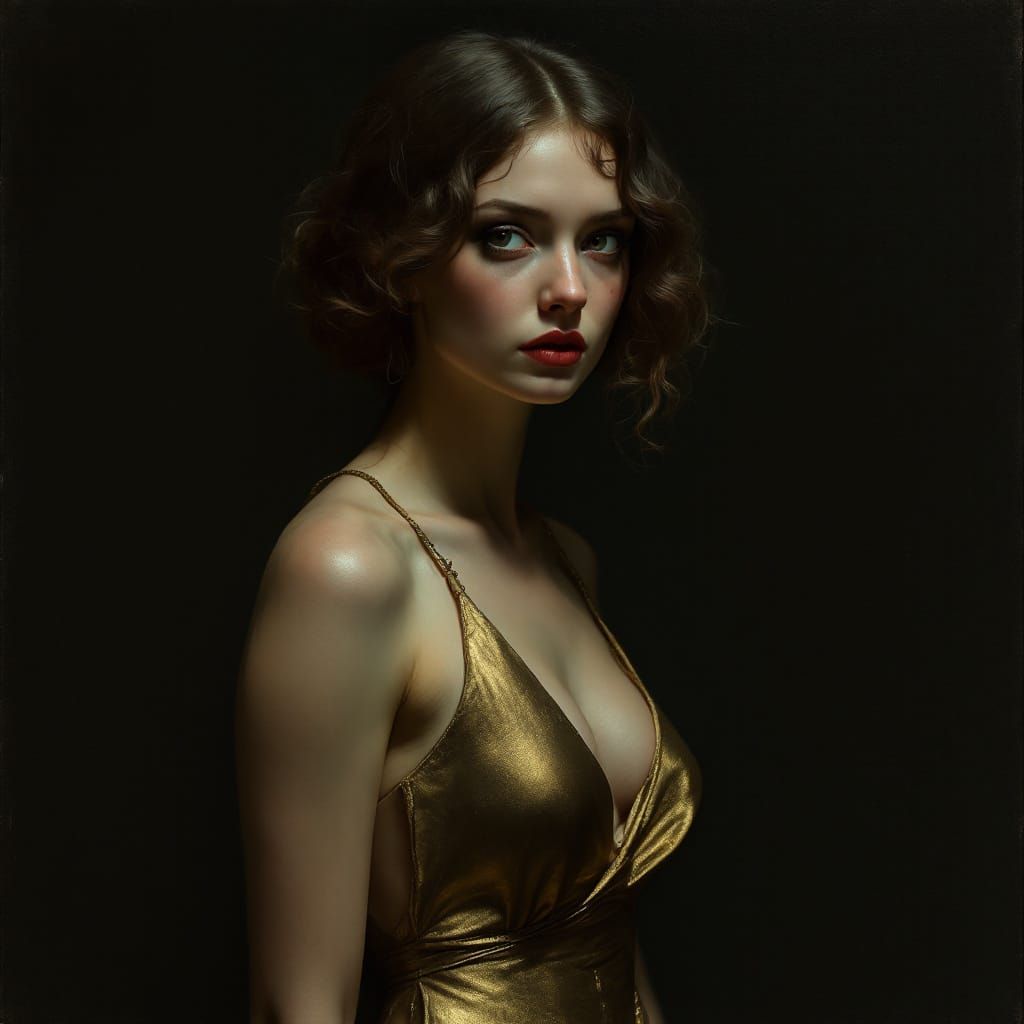 Melancholic Pin-Up: Gold Dress in Chiaroscuro