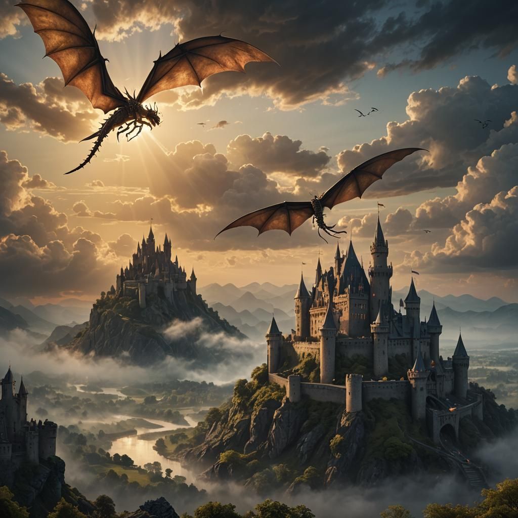 Dragon Silhouette Over Castle at Sunrise