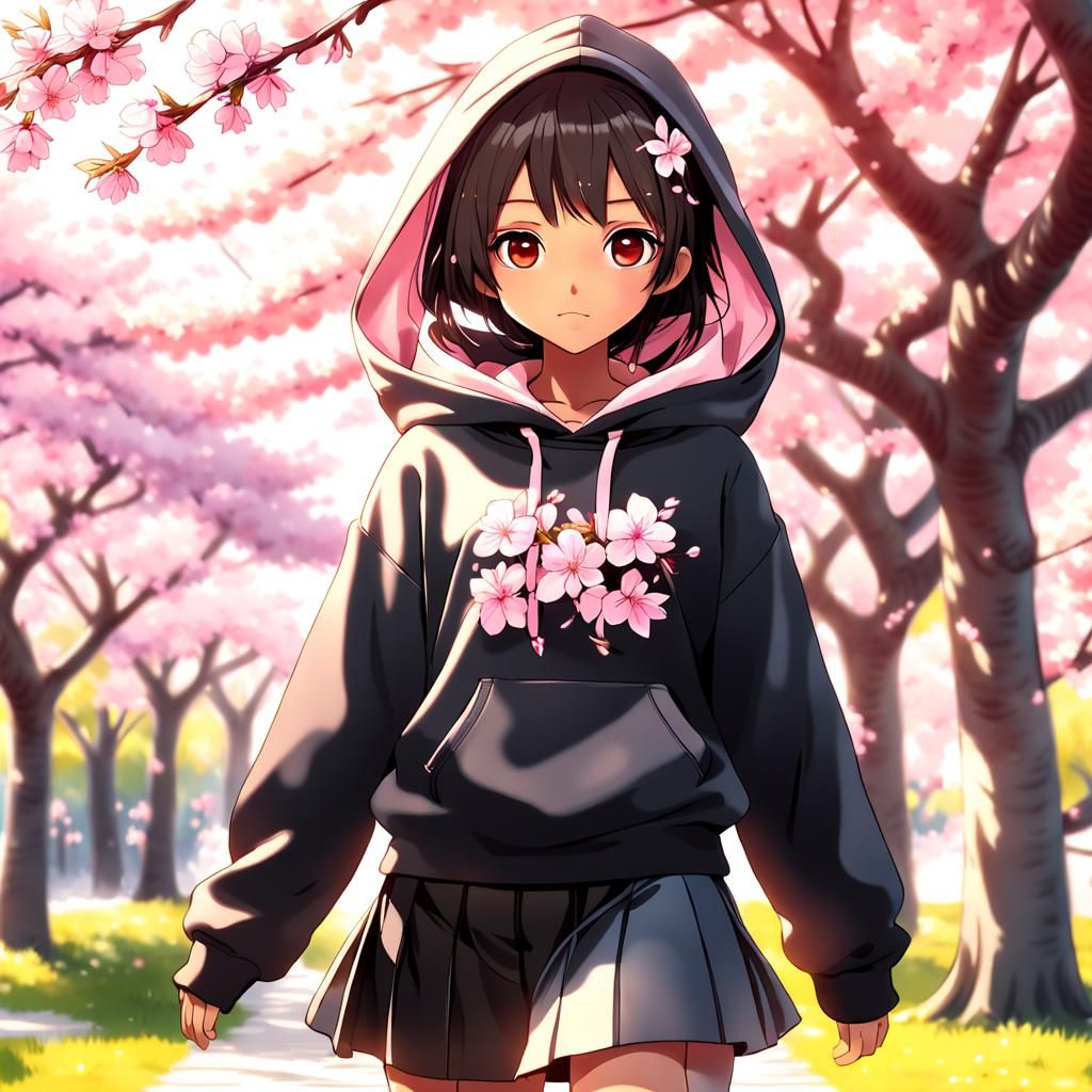 Anime Woman Under Cherry Blossom Tree in Cel-Shaded Style