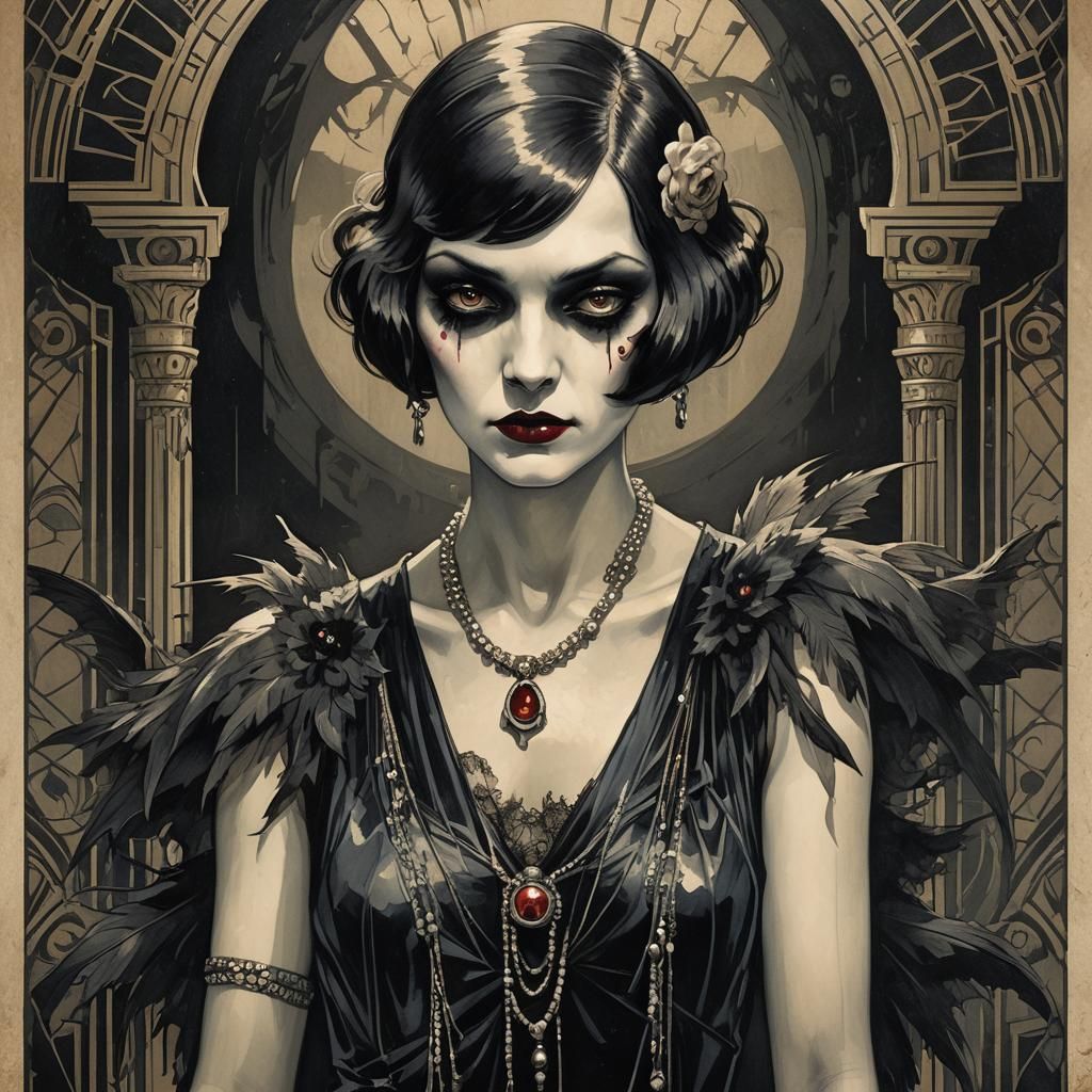 Creepy Art Deco Vampire Flapper in 1920s Style