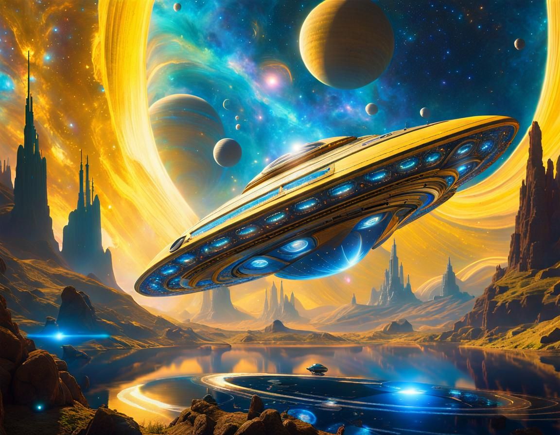 Vintage Spaceship Navigates Psychedelic Nebula Dreamscape