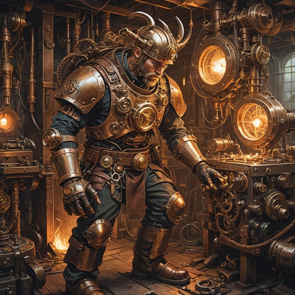 Steampunk Viking Engineer Repairs Clockwork Mechanism
