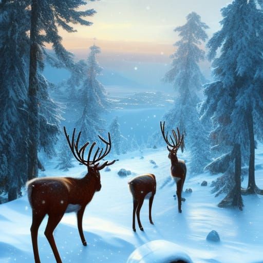 Festive Christmas Reindeer in Snowy Landscape