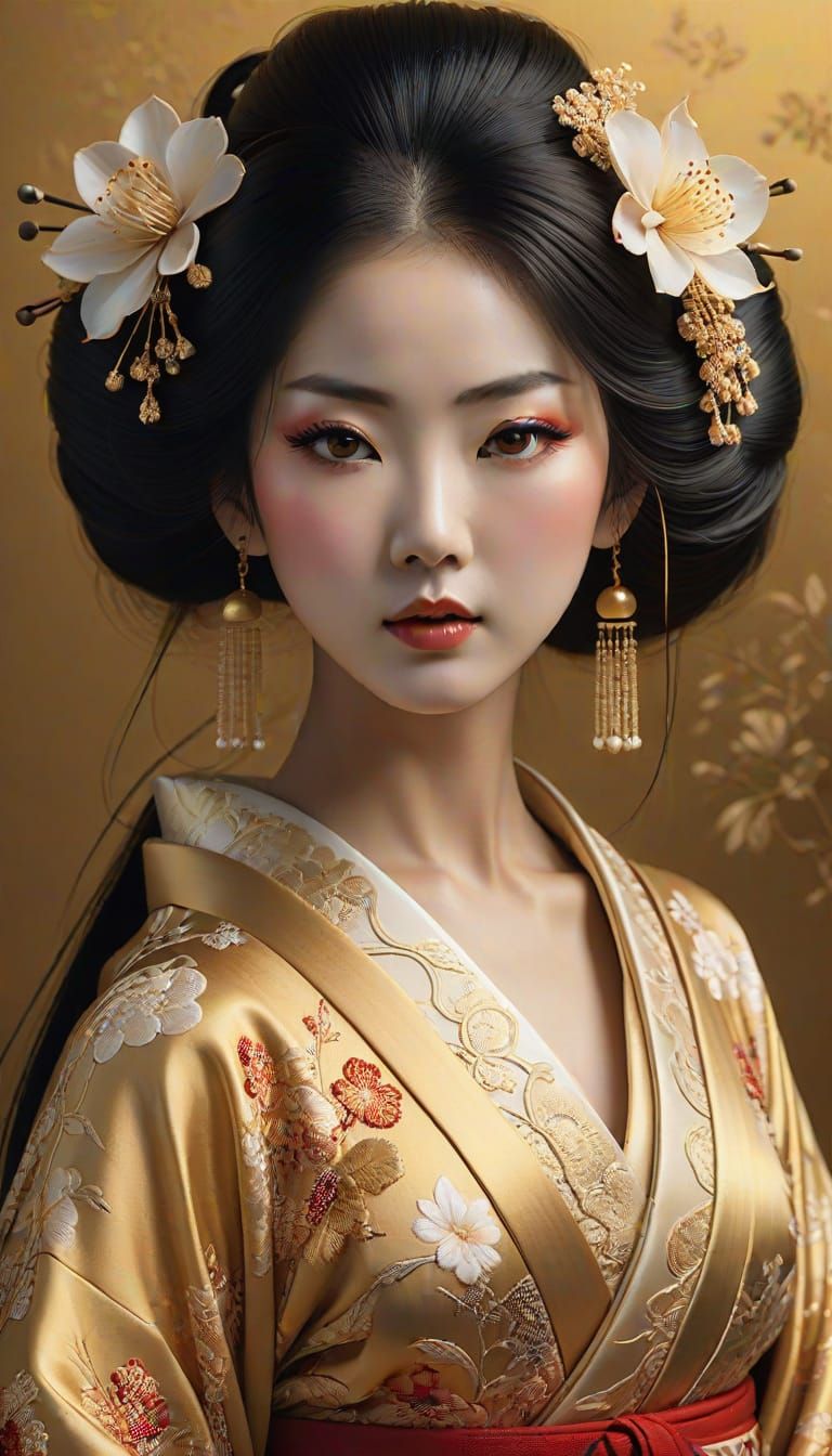 Hyper-Realistic Japanese Geisha in Elegant Lace and Filigree