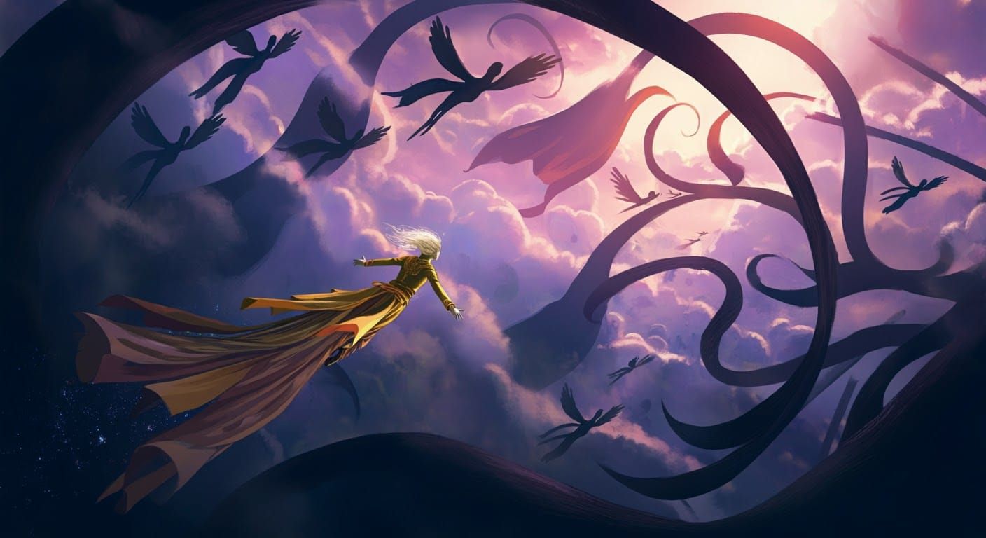 Soaring Figure in Dreamscape of Imperial Splendor