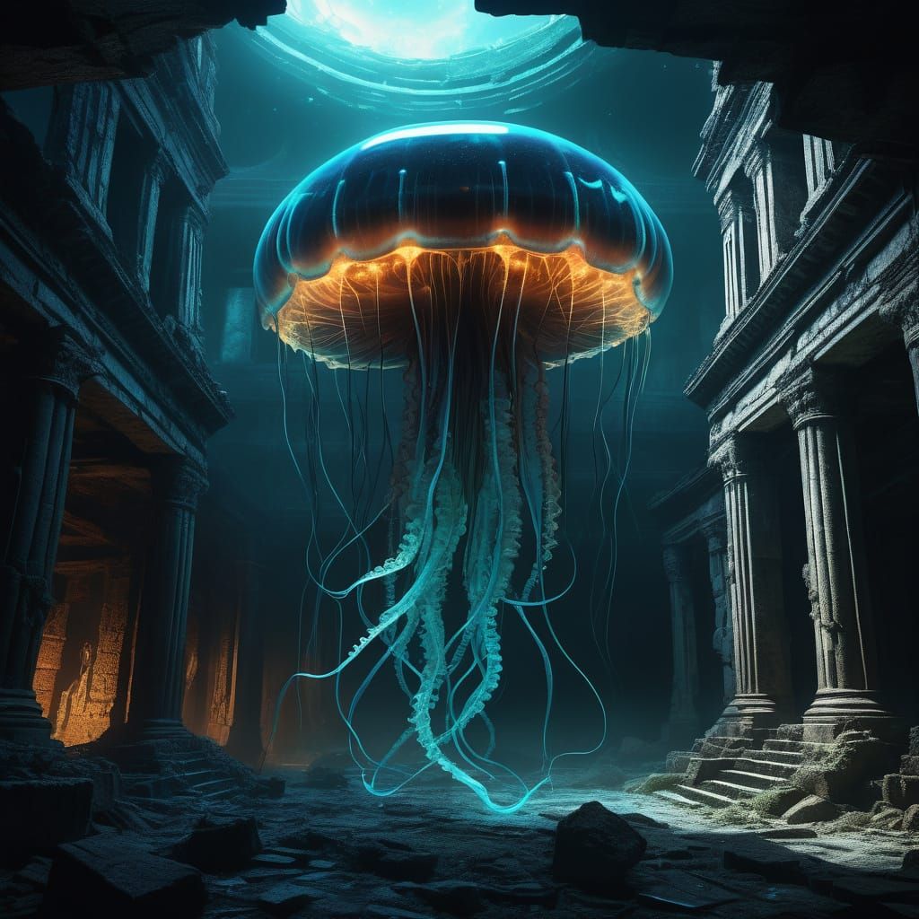 Bioluminescent Jellyfish in Biomechanical Ruins