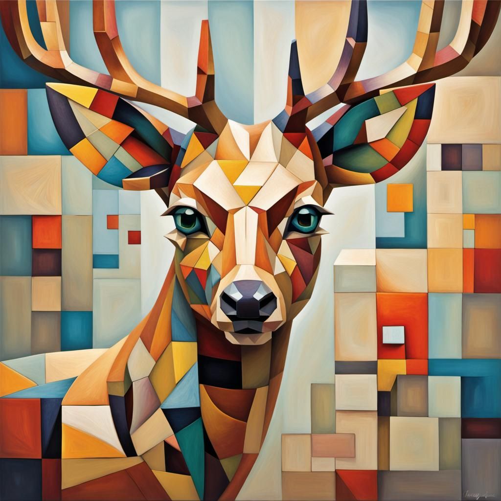 Colorful Cubist Deer Made of Tiny Cubes