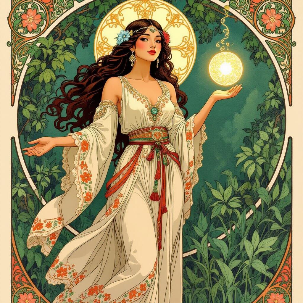Bohemian Woman Releases Orb: Art Nouveau Illustration