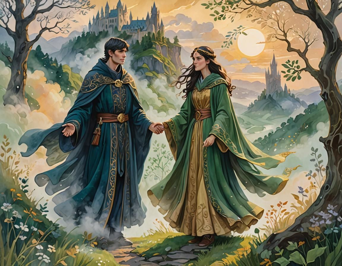 Merlin and Morgana in Misty Avalon, Gouache Illustration