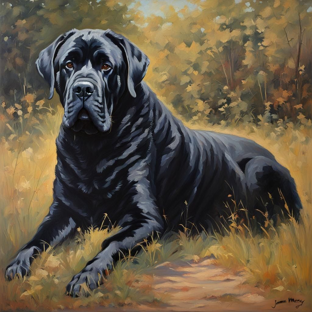 Majestic Black Mastiff in Oil Painting
