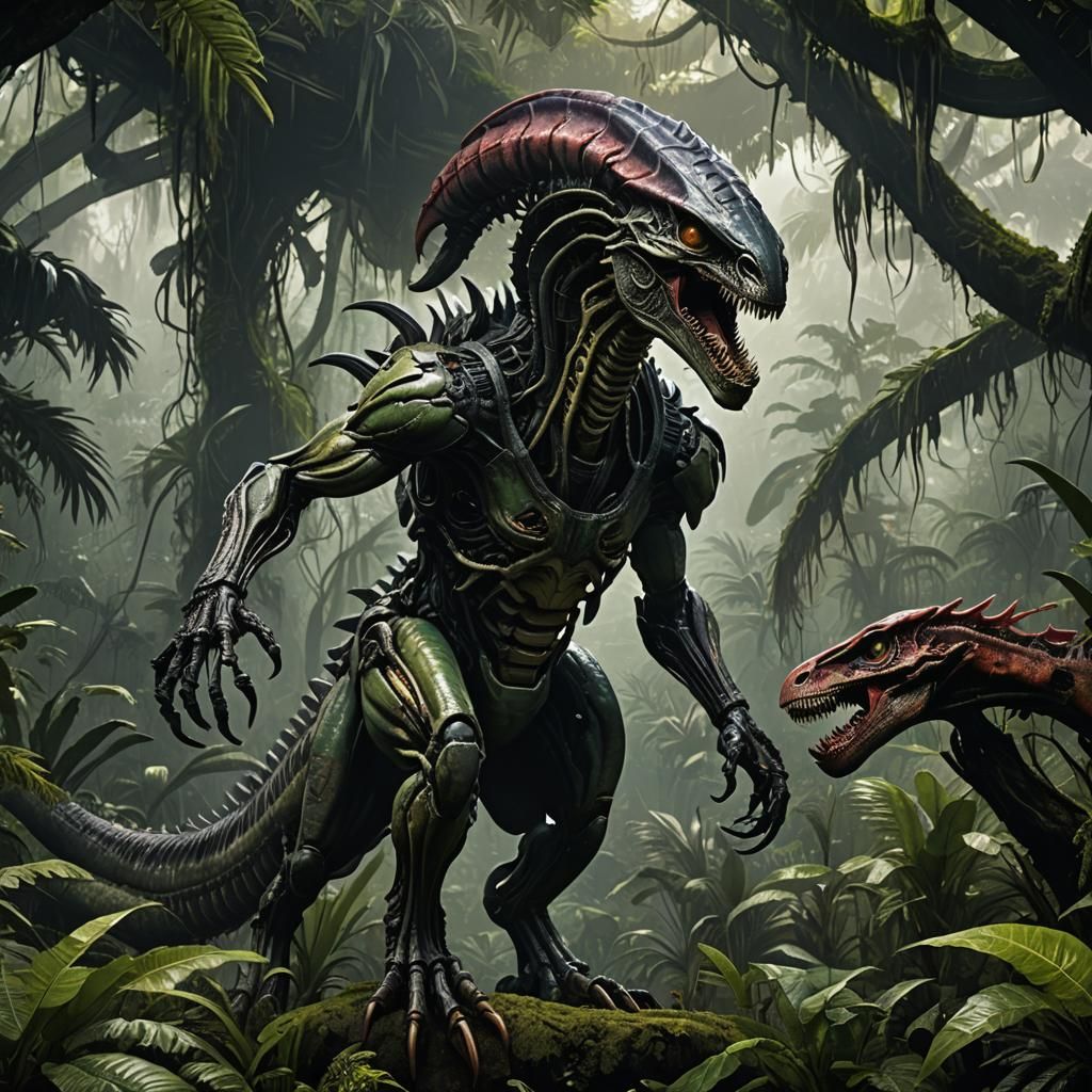 Deadly Xenomorph-Tyrannosaur Hybrid in Lush Jungle