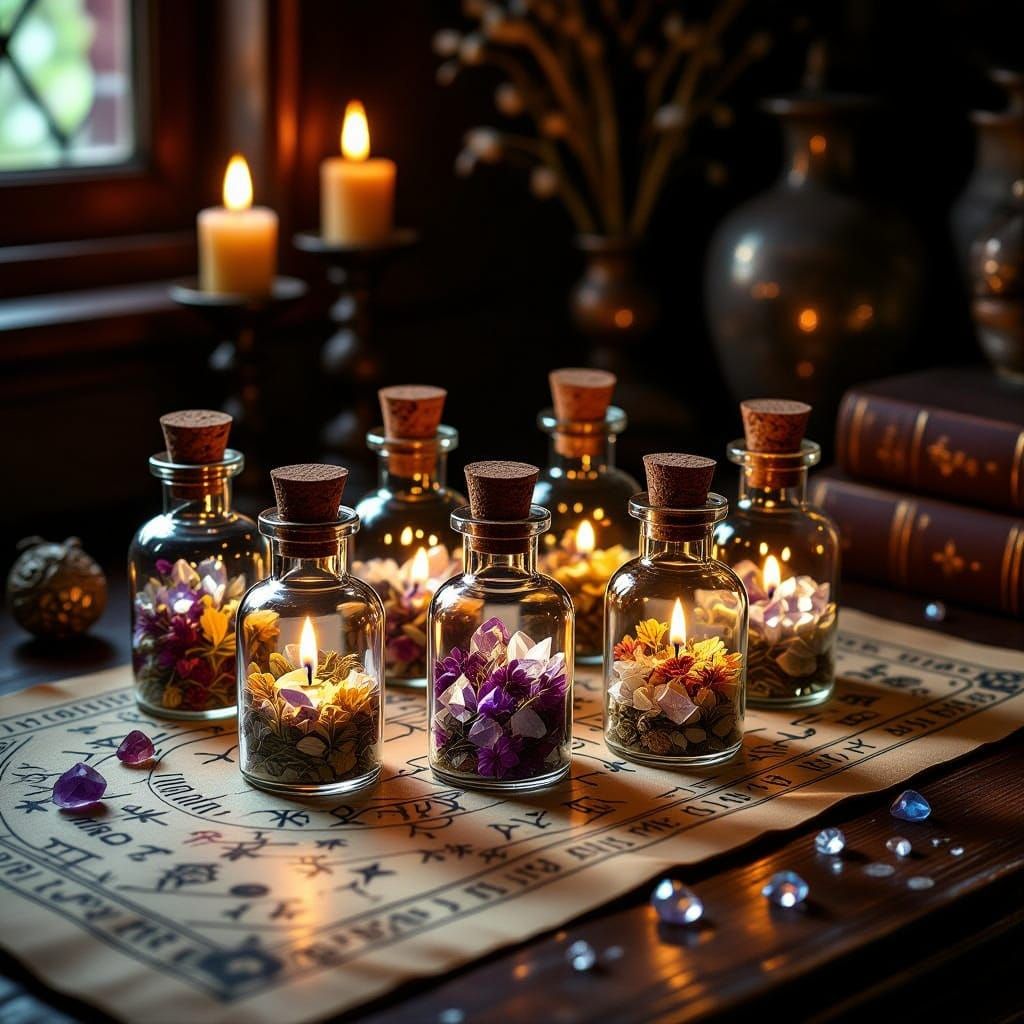 Mystical Tiny Bottles with Flowers and Crystals