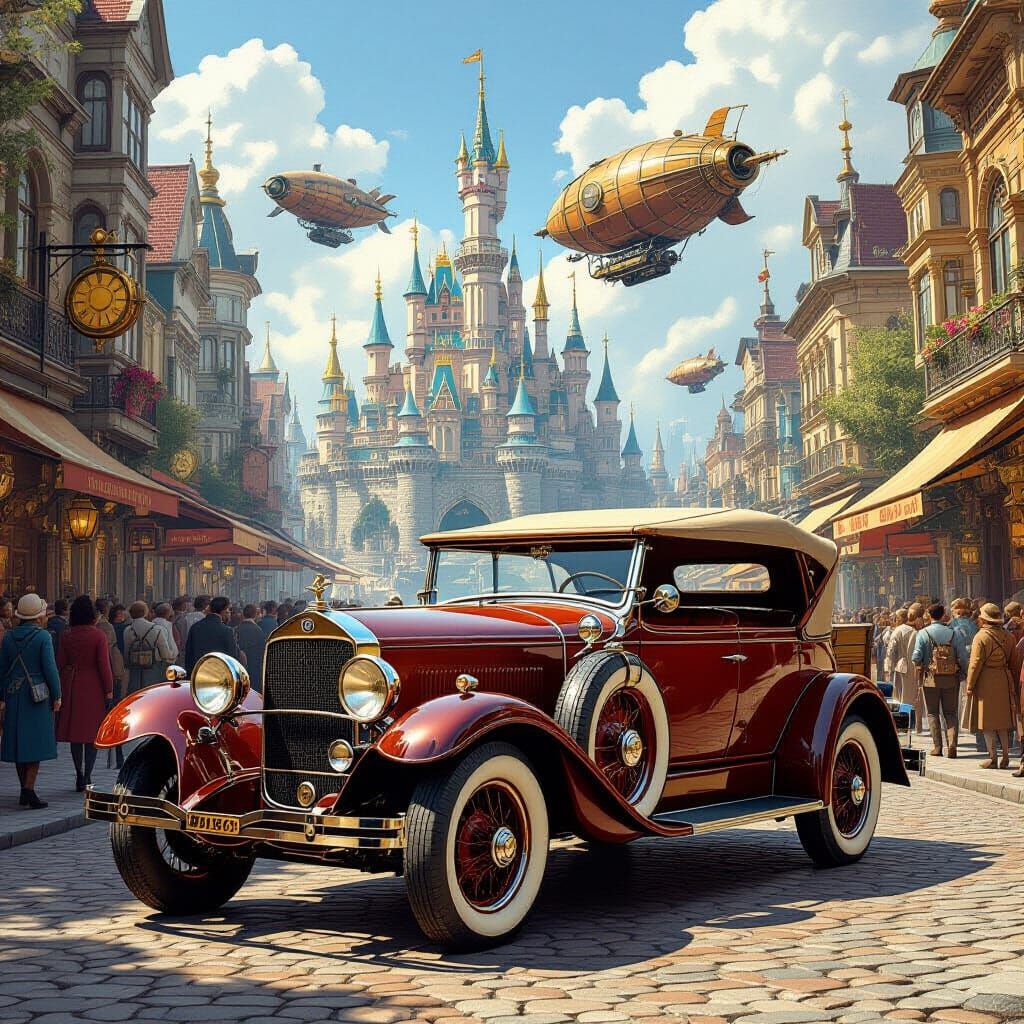 Steampunk Vintage Car on Cobblestone Street