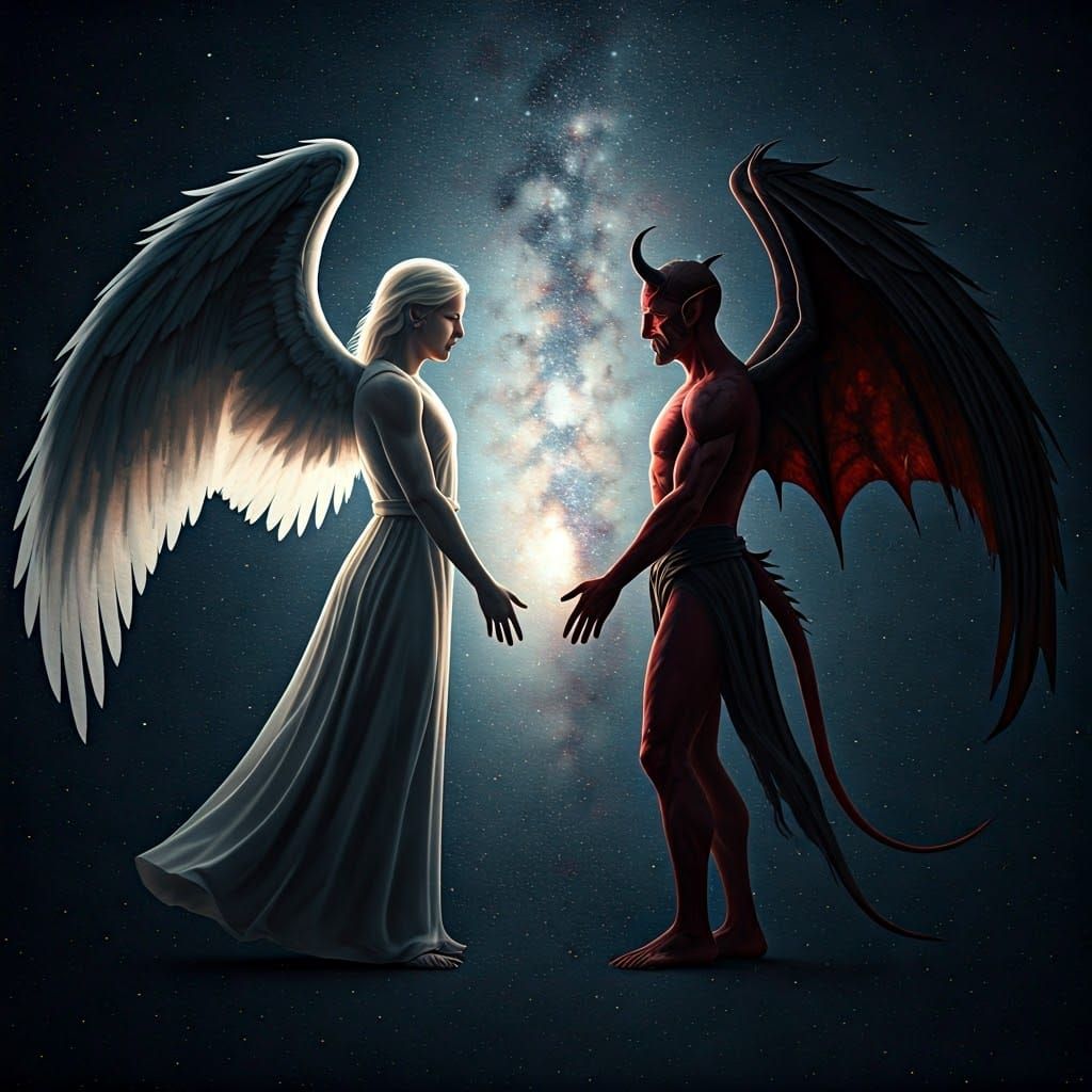 Angel and Devil Staring Contest in Starry Night